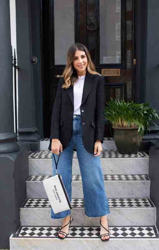 a white t shirt, blue wide leg jeans, a black blazer and black strappy shoes are a lovely combo for every day
