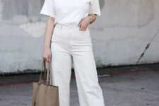 a white t-shirt, white cropped wide leg jeans, brown flats and a grey tote for a simple monochromatic everyday look