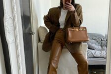 a white top, brown leather pants, an oversized brown blazer, white trainers and a brown bag for spring