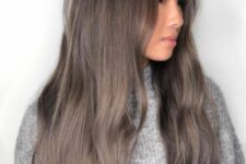 long mushroom brown hair with central parting and a bit of waves is a beautiful and chic idea for every girl