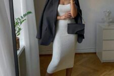 02 a beautiful creamy midi dress, an oversized black blazer, black minimalist shoes, a black mini bag for a chic spring look