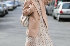 02 a beautiful pastel look with a polka dot midi dress, an oversized blush blazer, neutral shoes and a bag