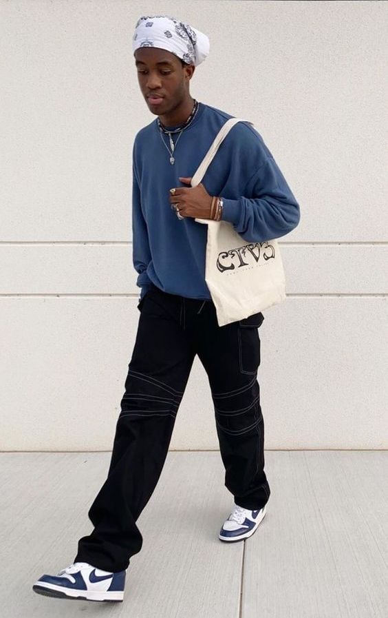 a blue sweatshirt, black jeans, navy and white trainers, a printed bandana and a neutral canvas bag for spring