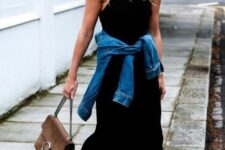 03 a black halter neckline maxi dress, a blue denim jacket, black high top sneakers, a brown bag with chain for spring
