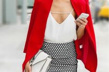05 a chic work look with a creative strappy white top, a red blazer, a printed pencil skirt and a white bag with black edges for work
