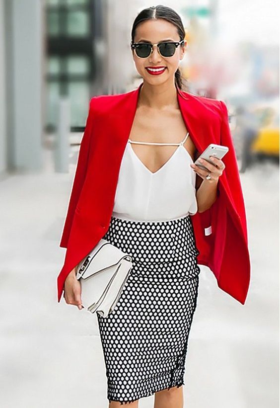 a chic work look with a creative strappy white top, a red blazer, a printed pencil skirt and a white bag with black edges for work