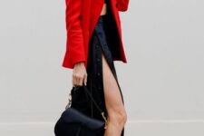 06 a black crop top, a black midi skirt with a slit, black heels and a saddle bag, a red blazer just scream sexy