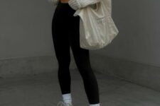 06 a sporty look with a black crop top, black leggings, white socks and grey trainers, a creamy cropped cardigan and a canvas bag