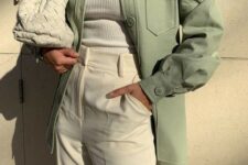 06 a white ribbed top, a pastel green leather blazer, white trousers and a woven bag for a lovely spring look