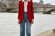 08 a Parisian look with a white button down, blue jeans, a red blazer and two-tone shoes is a cool idea