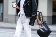 08 a black and white look with a white tied up t-shirt, white jeans, a black leather jacket, a black tote and black Adidas sneakers