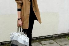 09 a black long sleeve top, black jeans, black Gazelle sneakers, an oversized beige blazer and a striped tote for spring