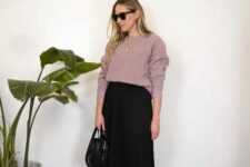 09 a mauve long sleeve top, a black pelated midi skirt, black high tops and a black bag are a creative look for spring