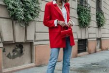 09 a white button down, an oversized red blazer, blue jeans, two-tone shoes and a small red bag for spring