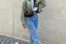 09 a white crop top, high waisted blue jeans, white sneakers, a green cropped jacket and a brown waist bag for spring