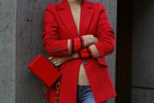 10 a tan turtleneck, a red blazer and a bag with chain, blue jeans for a cold spring daty or for winter