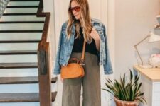 11 a black top, khaki wideleg trousers, black high top sneakers, a blue denim jacket and an orange bag for spring