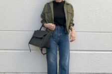 12 a black t-shirt, blue straight leg jeans, snakeskin print shoes, a green utility jacket and a black tote