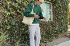 12 a white t-shirt, a green sweatshirt, white jeans, white and green sneakers, a neutral canvas bag and a neutral beanie for spring