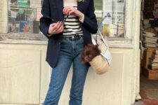 18 a Breton stripe top, a black blazer, blue jeans, black Mar Jane shoes and a straw bag for spring