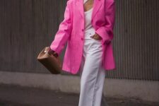 18 a spring work outfit with a catchy top, white wideleg jeans, white shoes, a hot pink oversized blazer and a brown bag