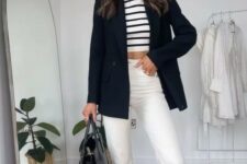 21 a Breton stripe crop top, white jeans and sneakers, an oversized black blazer and a black tote