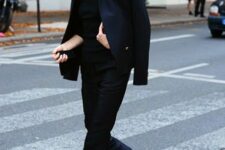 21 a total black look with a turtleneck, a black cropped blazer, black pants and high top sneakers is a cool idea for a colder day