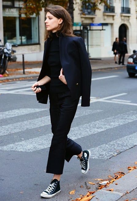 a total black look with a turtleneck, a black cropped blazer, black pants and high top sneakers is a cool idea for a colder day