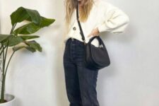 22 a white cardigan tucked into grey jeans, black high top sneakers and a black bag will give you a nice monochromatic look for spring