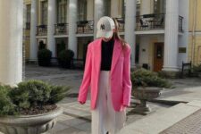 23 a black turtleneck, white trousers, black shoes, a hot pink blazer, a white cap are a cool eclectic look for spring