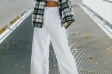 23 a white crop top, white cropped wideleg jeans, white high tops, a flannel shirt for a warm spring day