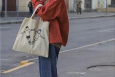 26 a red jacket, blue jeans, grey trainers, a neutral canvas bag are a great look for spring or fall