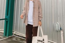 27 a white t-shirt, a plaid shirt on top, brown velvet pants,white sneakers, a neutral canvas bag for spring