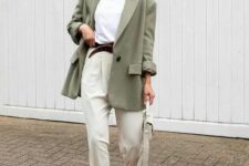 28 a pretty work outfit with a white t-shirt, neutral trousers, white shoes, an oversized green blazer and a neutral bag