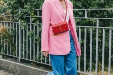 28 a white top, blue trousers, a pink oversized blazer, white shoes and a red crossbody bag for spring