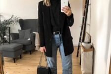 29 a smart casual outfit with a black top, blazer and a bag, light blue cropped jeans, white trainers is a great idea for spring