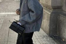 29 an oversized grey woolen bomber jacket, black pants, white Adidas sneakers, a small black bag for spring