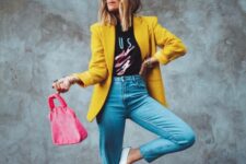 30 a black printed t-shirt, blue jeans, white shoes, a yellow blazer and a pink bag are a super cool look for spring