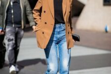 31 a bright and chic look with a black t-shirt, blue jeans, red boots, a camel blazer and a small black clutch for spring