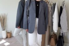 34 a chic spring work look with white jeans, a black t-shirt, an oversized graphite grey blazer, black slippers and a black bag
