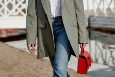35 a cool work outfit with a white button down, blue cropped jeans, navy buckle slippers, an oversized sage blazer and a red bag