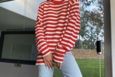 35 a white t-shirt, a  striped oversized long sleeve top, bleached jeans and white sneakers are a lovely look for spring