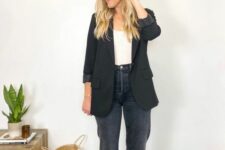 35 a white top, grey jeans, leopard print loafers, a black blazer are a simple and cool look for spring