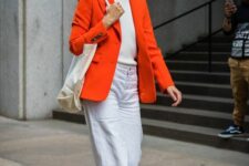 35 a white top, white jeans, blush slippers, a canvas bag and an orange blazer are a great spring look