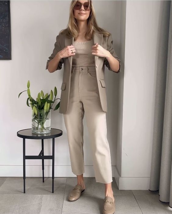 a neutral top, neutral cropped jeans, greige loafers, a greige oversized blazer are a lovely neutral outfit for spring