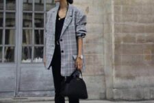 52 a black top, black cropped jeans, a black bag, an oversized grey plaid blazer are a simple and cool look for spring