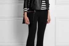 With black and white striped shirt, black leather clutch and black high heels