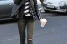 With black and white striped shirt, black leather tote bag, sunglasses and black suede ankle boots