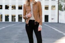 With black and white striped turtleneck and white lace up flat shoes