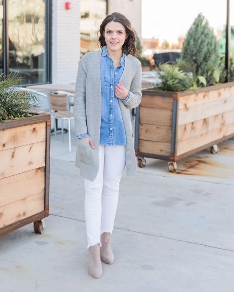With blue denim button down shirt and gray suede ankle boots